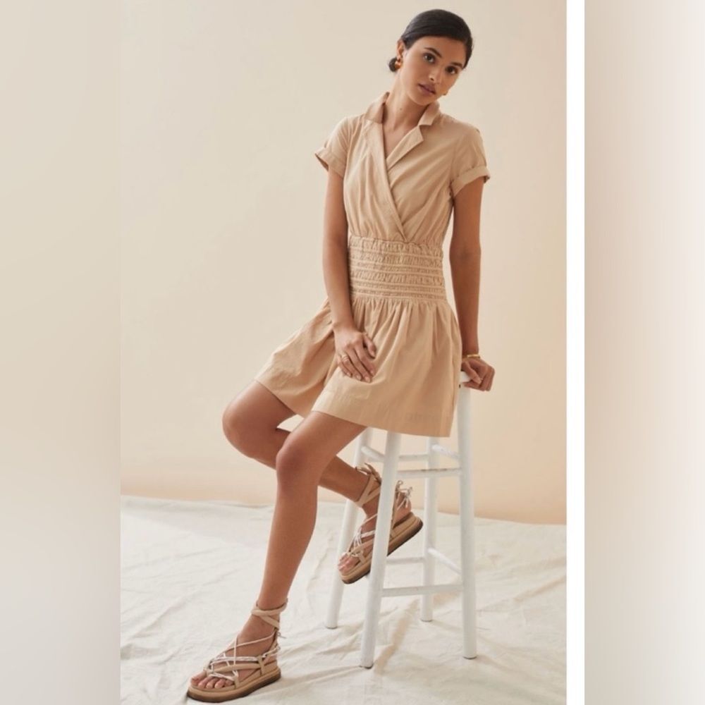 ANTHROPOLOGIE Tan Collared Smocked Surplice Waist Mini Dress Size L